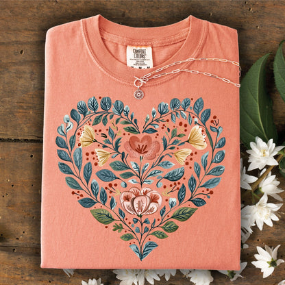 Folk Art Blue Floral Heart with Roses T-Shirt