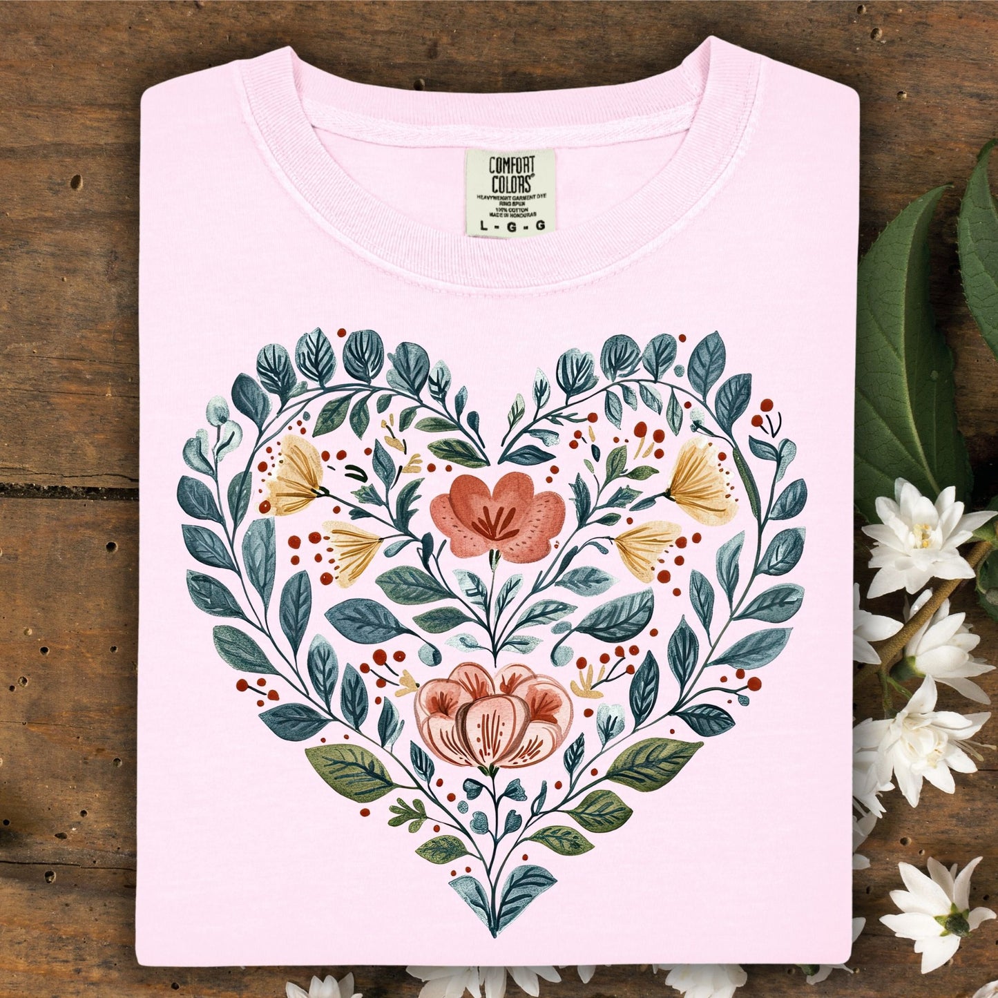 Folk Art Blue Floral Heart with Roses T-Shirt