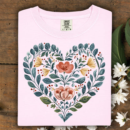 Folk Art Blue Floral Heart with Roses T-Shirt
