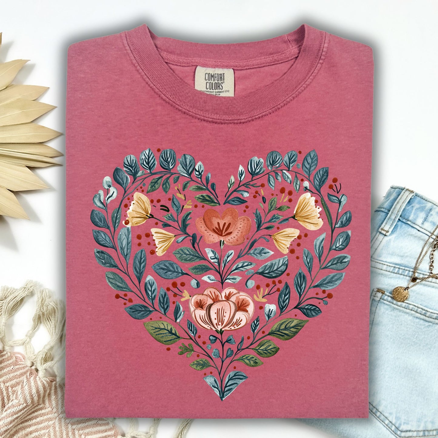 Folk Art Blue Floral Heart with Roses T-Shirt