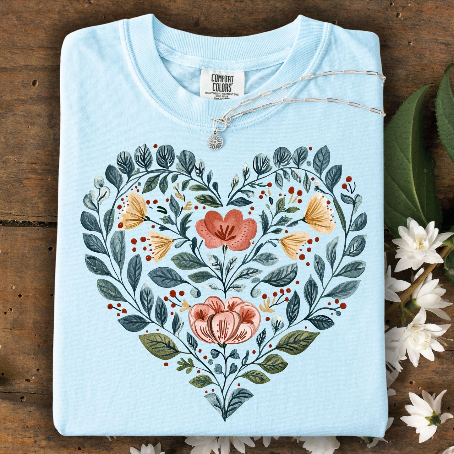 Folk Art Blue Floral Heart with Roses T-Shirt