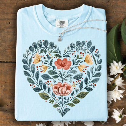 Folk Art Blue Floral Heart with Roses T-Shirt