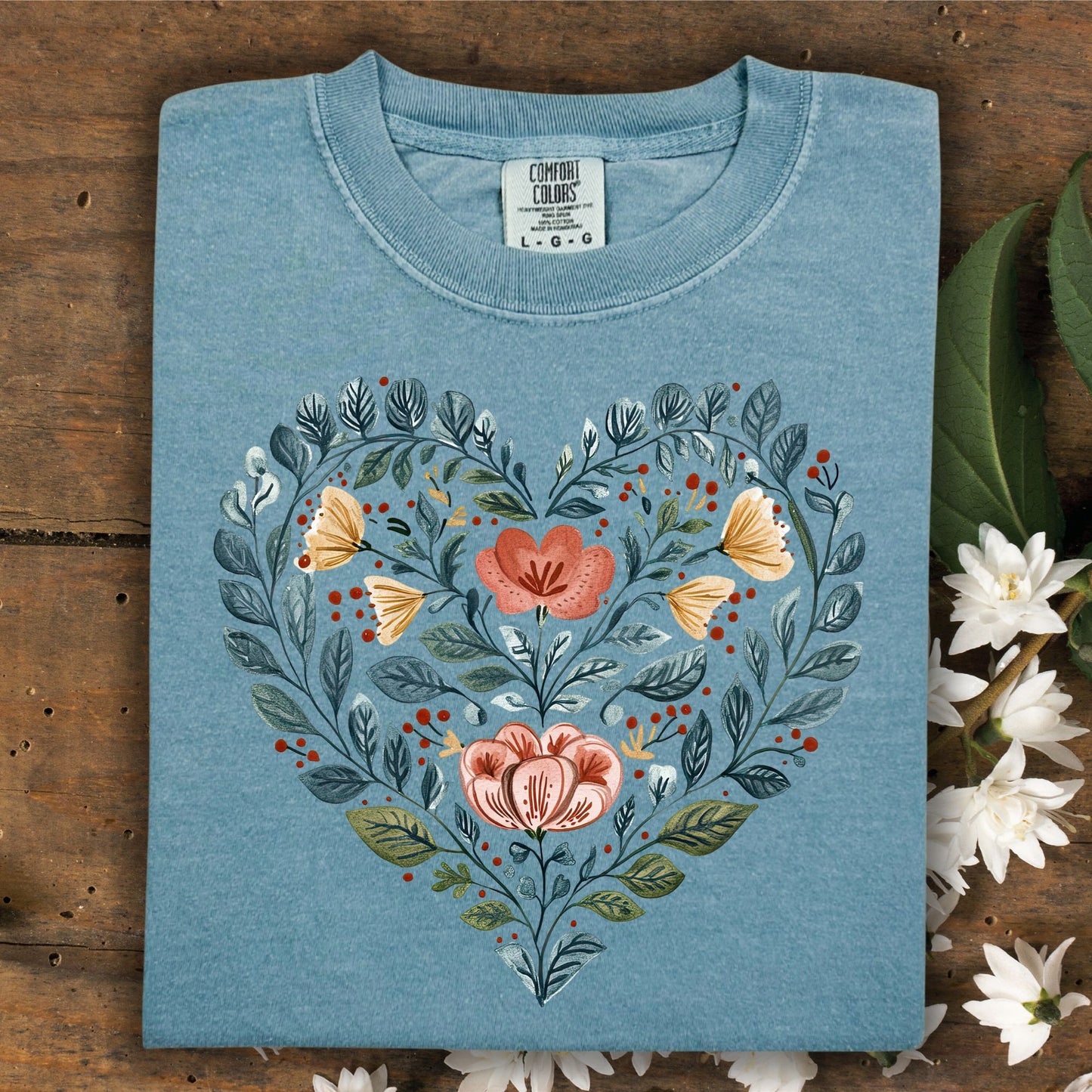 Folk Art Blue Floral Heart with Roses T-Shirt