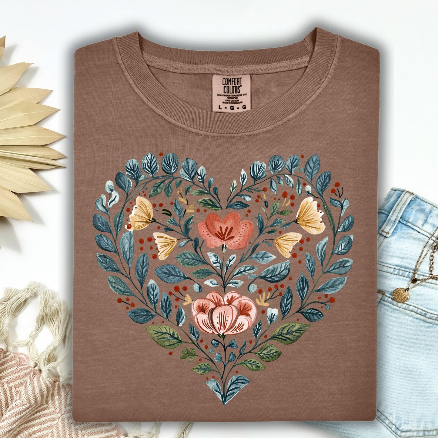 Folk Art Blue Floral Heart with Roses T-Shirt