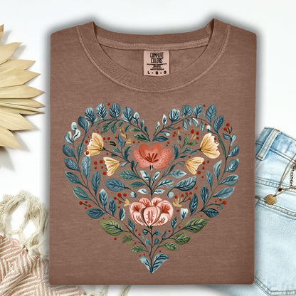Folk Art Blue Floral Heart with Roses T-Shirt