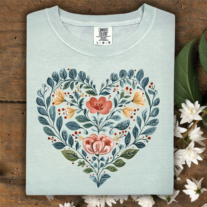 Folk Art Blue Floral Heart with Roses T-Shirt