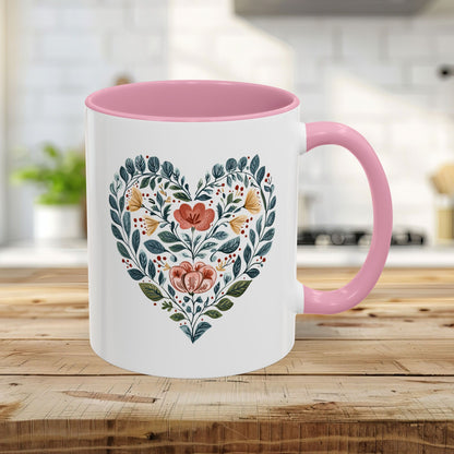 Folk Art Blue Floral Valentine's Heart Mug (11/15oz)