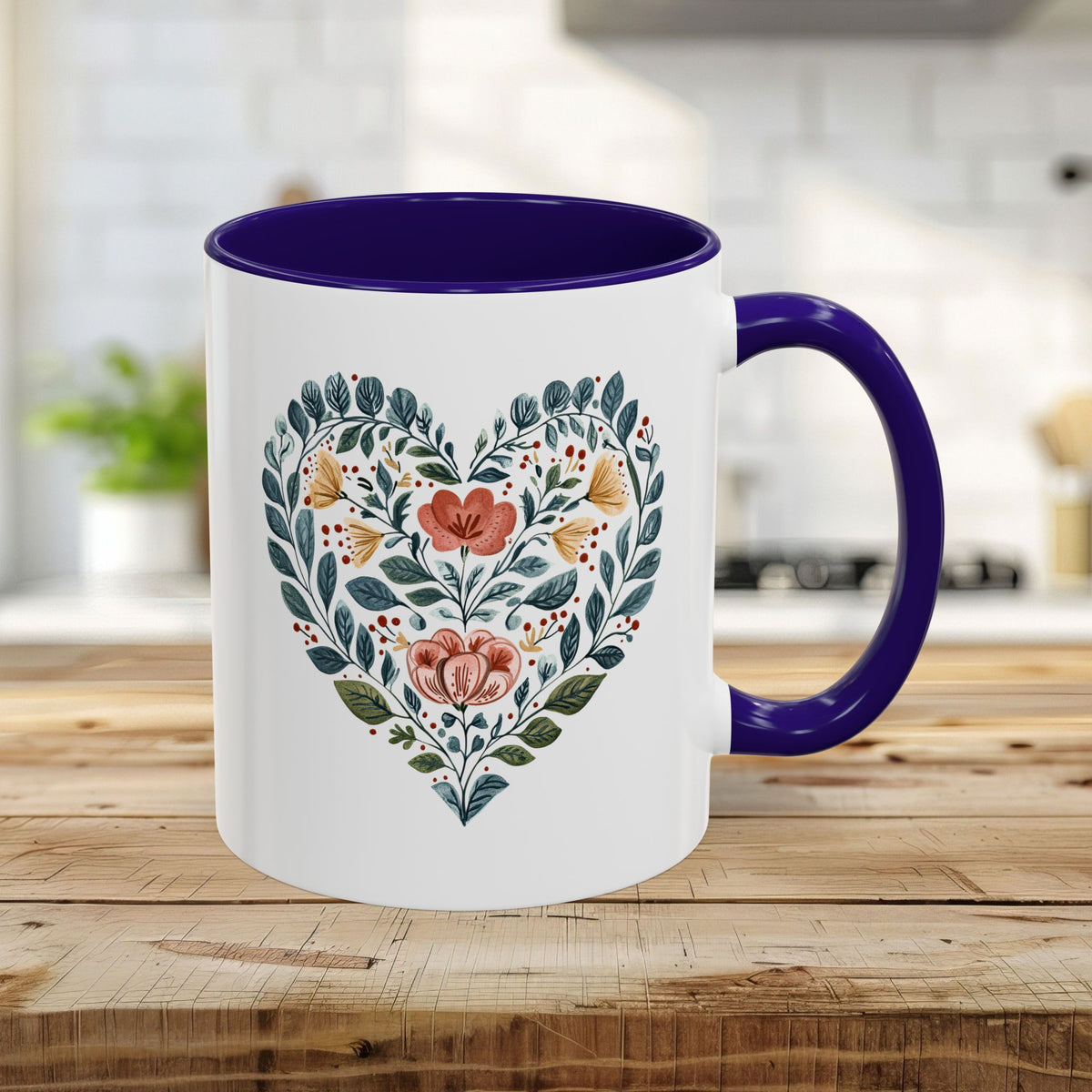 Folk Art Blue Floral Valentine's Heart Mug (11/15oz)
