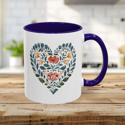 Folk Art Blue Floral Valentine's Heart Mug (11/15oz)