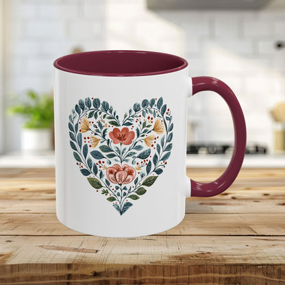 Folk Art Blue Floral Valentine's Heart Mug (11/15oz)