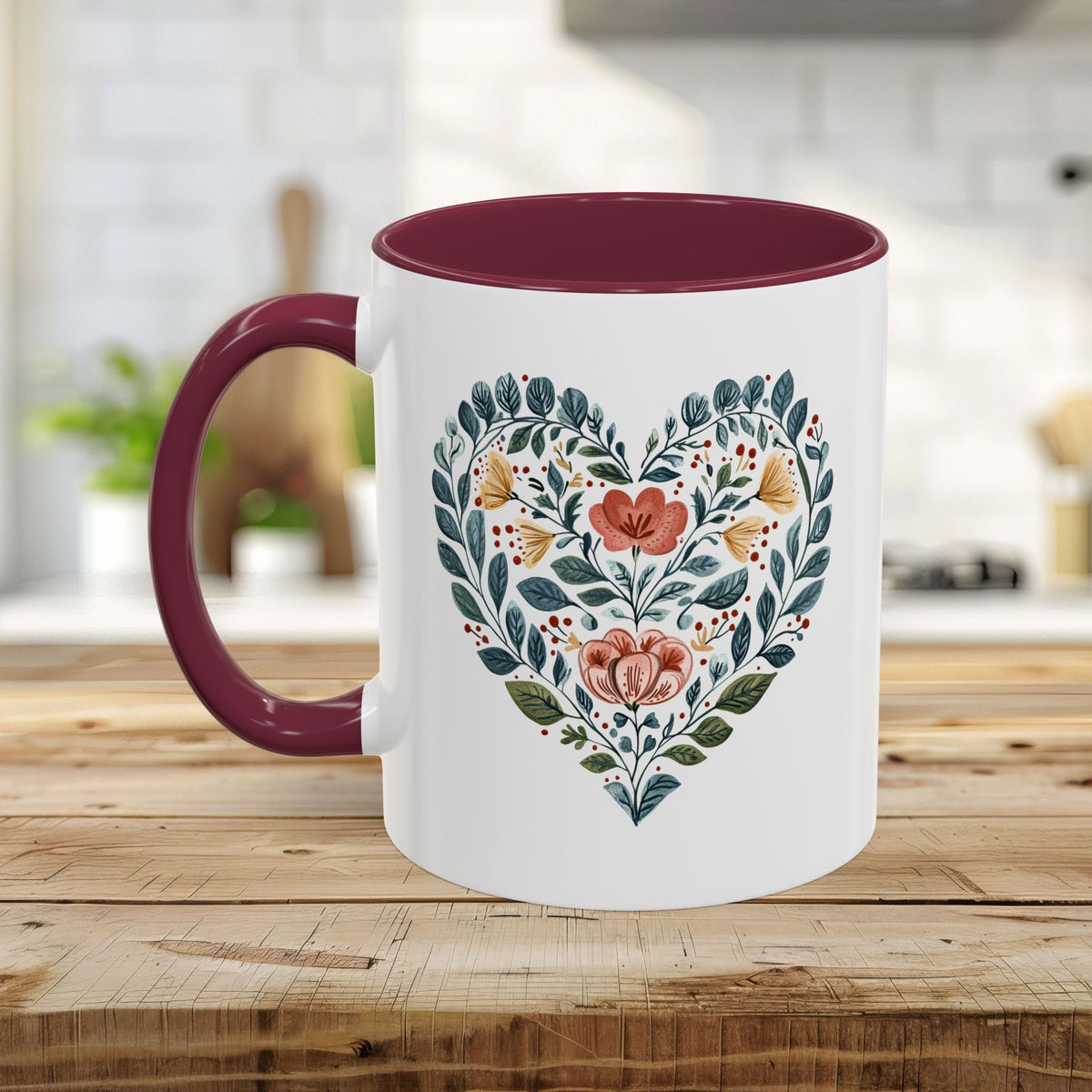Folk Art Blue Floral Valentine's Heart Mug (11/15oz)