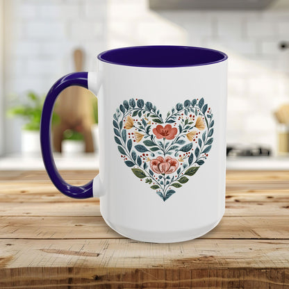 Folk Art Blue Floral Valentine's Heart Mug (11/15oz)