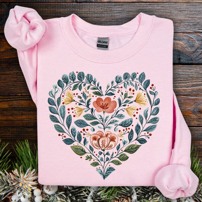 Folk Art Blue Floral Valentine's Heart Sweatshirt
