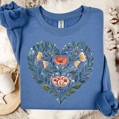 Folk Art Blue Floral Valentine's Heart Sweatshirt