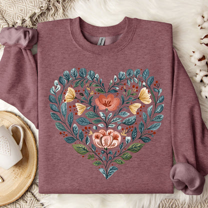 Folk Art Blue Floral Valentine's Heart Sweatshirt