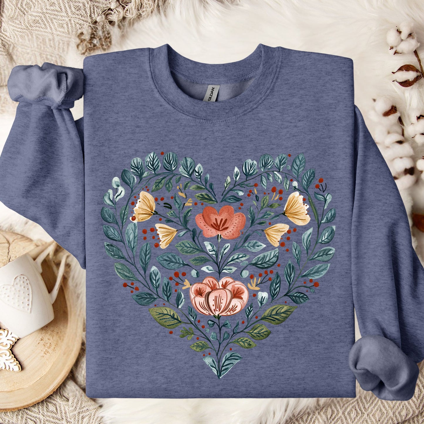 Folk Art Blue Floral Valentine's Heart Sweatshirt
