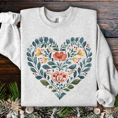 Folk Art Blue Floral Valentine's Heart Sweatshirt