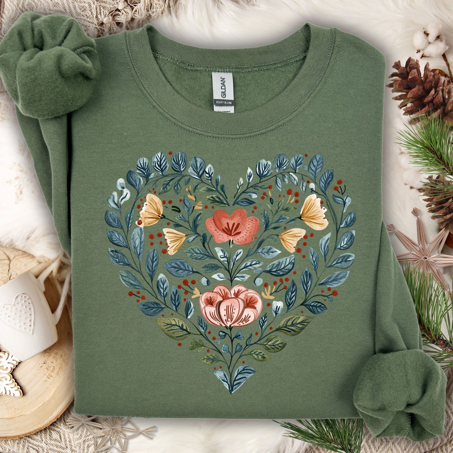 Folk Art Blue Floral Valentine's Heart Sweatshirt