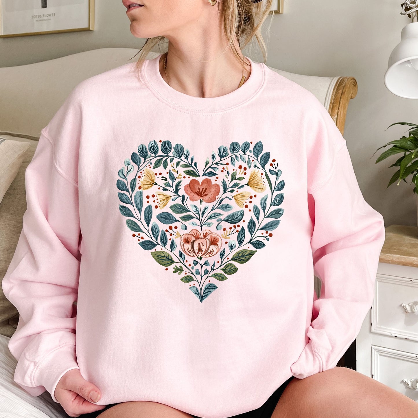 Folk Art Blue Floral Valentine's Heart Sweatshirt