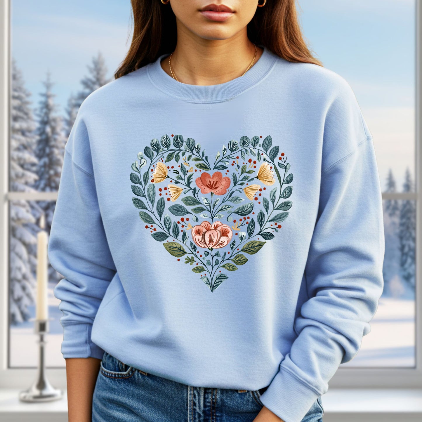 Folk Art Blue Floral Valentine's Heart Sweatshirt