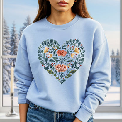 Folk Art Blue Floral Valentine's Heart Sweatshirt