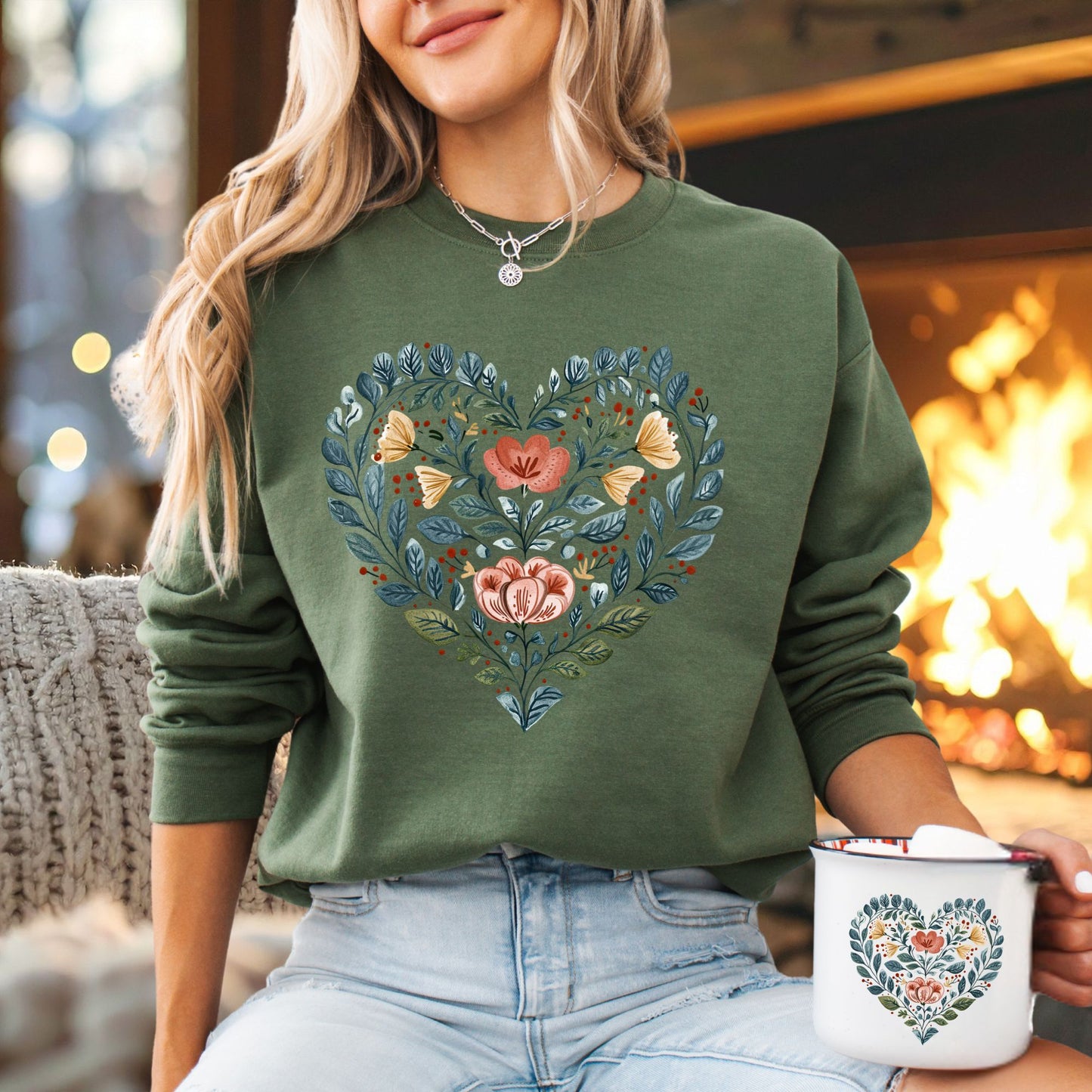 Folk Art Blue Floral Valentine's Heart Sweatshirt