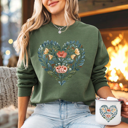 Folk Art Blue Floral Valentine's Heart Sweatshirt