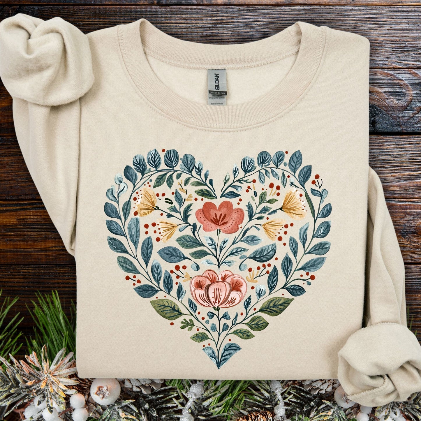 Sand Folk Art Blue Floral Valentine's Heart Sweatshirt, 50% cotton/50% polyester, with green, pink, and blue design.