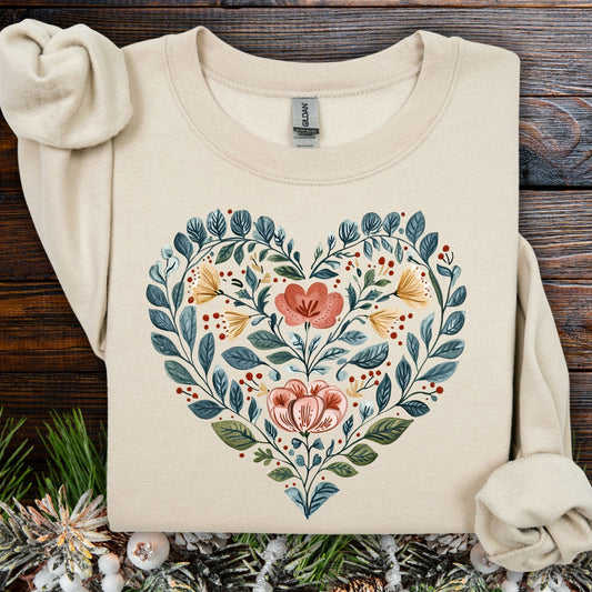 Sand Folk Art Blue Floral Valentine's Heart Sweatshirt, 50% cotton/50% polyester, with green, pink, and blue design.