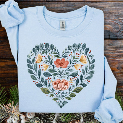 Folk Art Blue Floral Valentine's Heart Sweatshirt