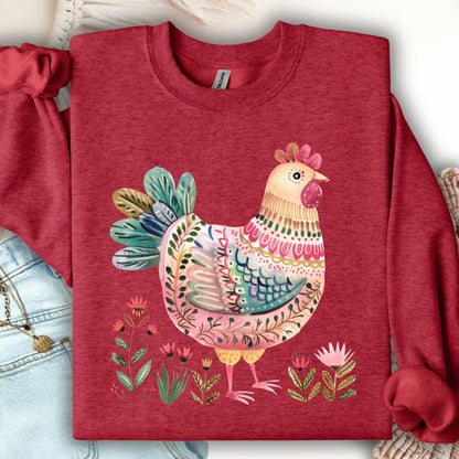 Antique Cherry Red crewneck sweatshirt with a whimsical folk art chicken design in muted pinks, teal, and florals.