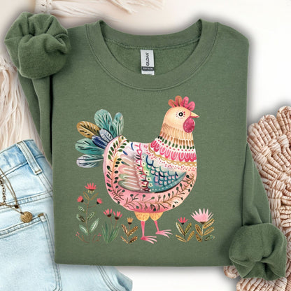 Military green unisex sweatshirt with a whimsical folk art chicken and floral design.