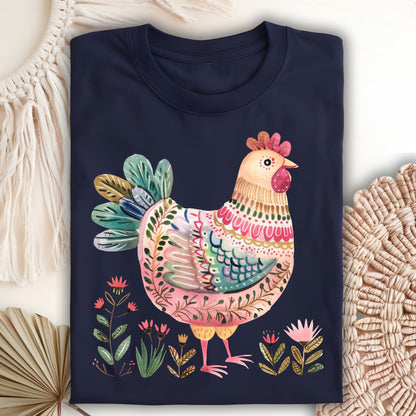 Folk Art Chicken and Flowers T-Shirt