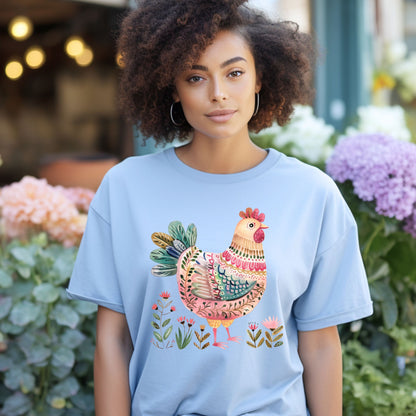 Folk Art Chicken and Flowers T-Shirt