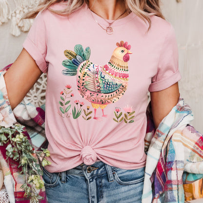 Folk Art Chicken and Flowers T-Shirt