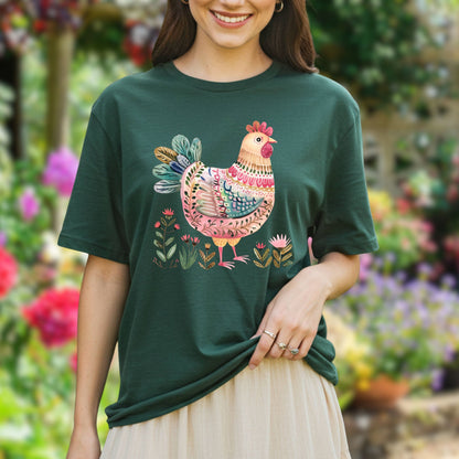 Folk Art Chicken and Flowers T-Shirt