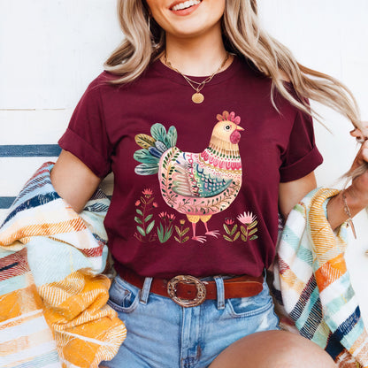 Folk Art Chicken and Flowers T-Shirt