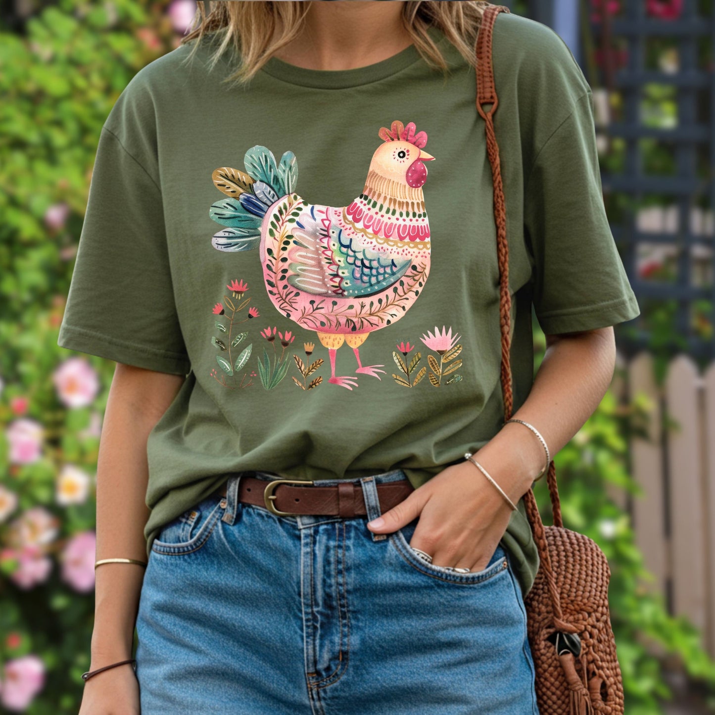 Folk Art Chicken and Flowers T-Shirt