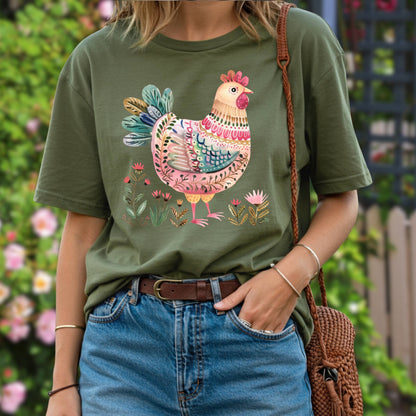 Folk Art Chicken and Flowers T-Shirt