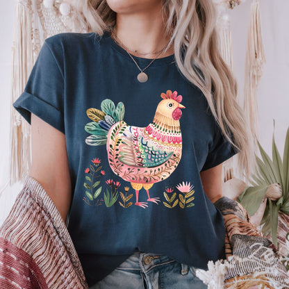 Folk Art Chicken and Flowers T-Shirt
