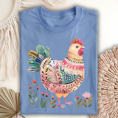 Folk Art Chicken and Flowers T-Shirt