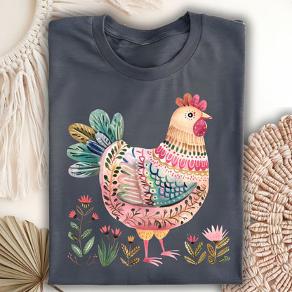 Folk Art Chicken and Flowers T-Shirt