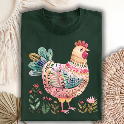 Folk Art Chicken and Flowers T-Shirt