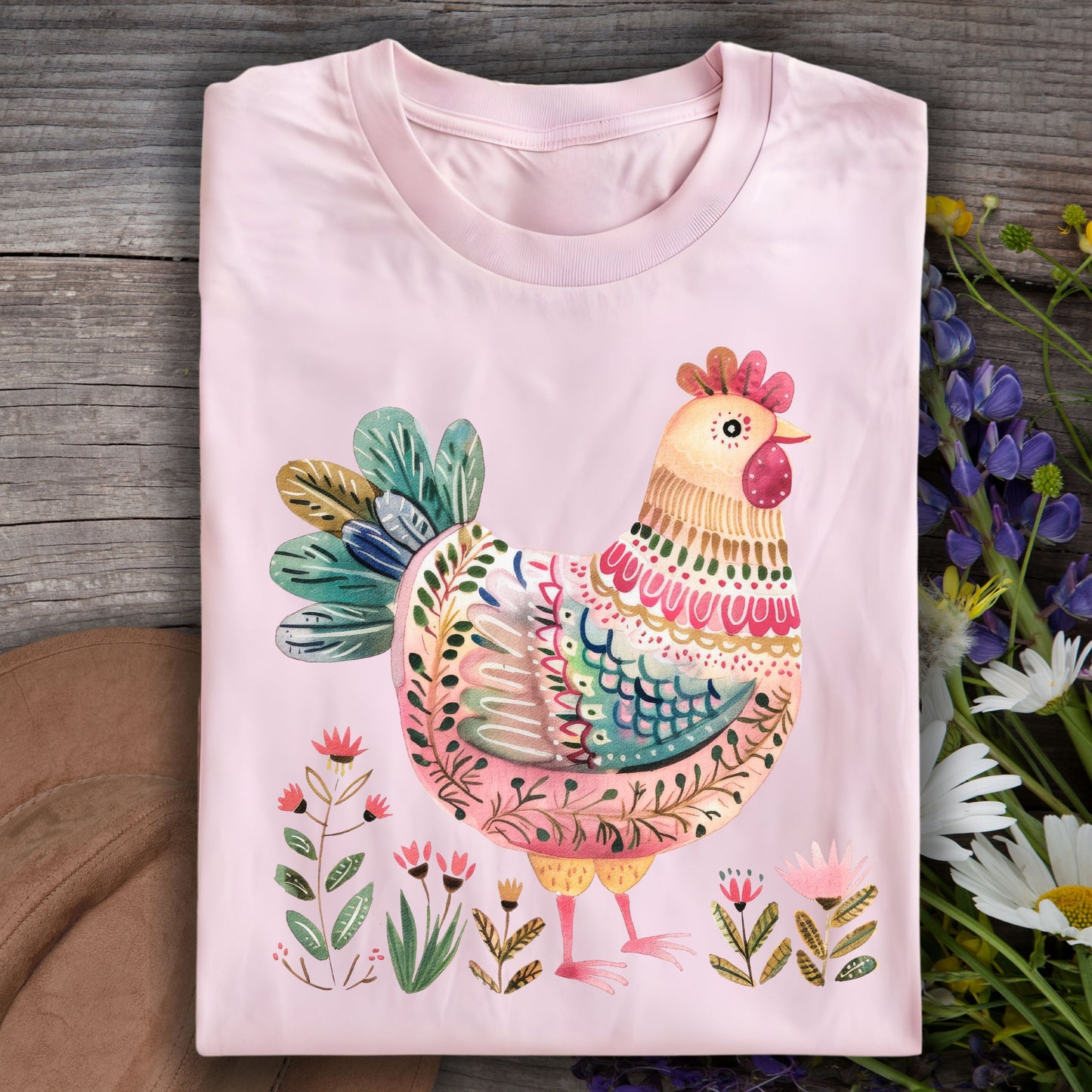Folk Art Chicken and Flowers T-Shirt