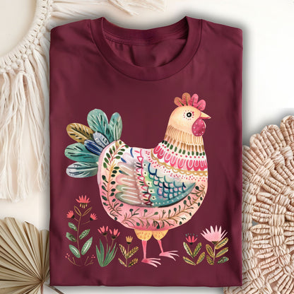 Folk Art Chicken and Flowers T-Shirt