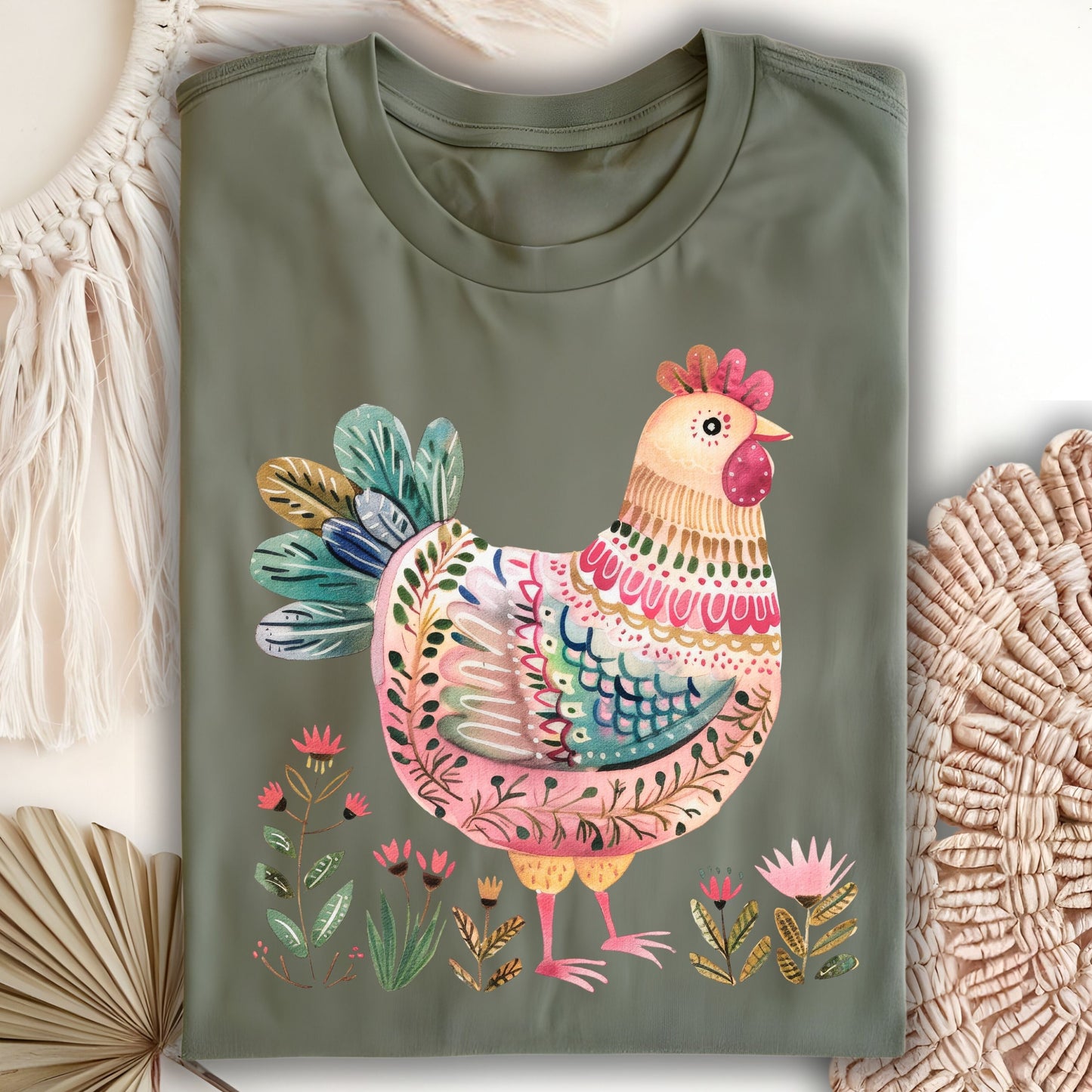 Folk Art Chicken and Flowers T-Shirt