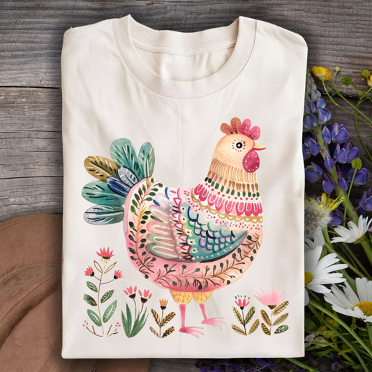 Folk Art Chicken and Flowers T-Shirt