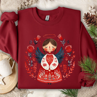 Garnet red Gildan sweatshirt with a folk art Christmas angel in a floral wreath design.