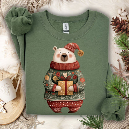 Military Green Gildan crewneck sweatshirt with a folk art polar bear in a fair isle sweater holding a gift.