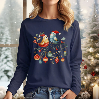 Folk Art Christmas Birds Long Sleeve Tee